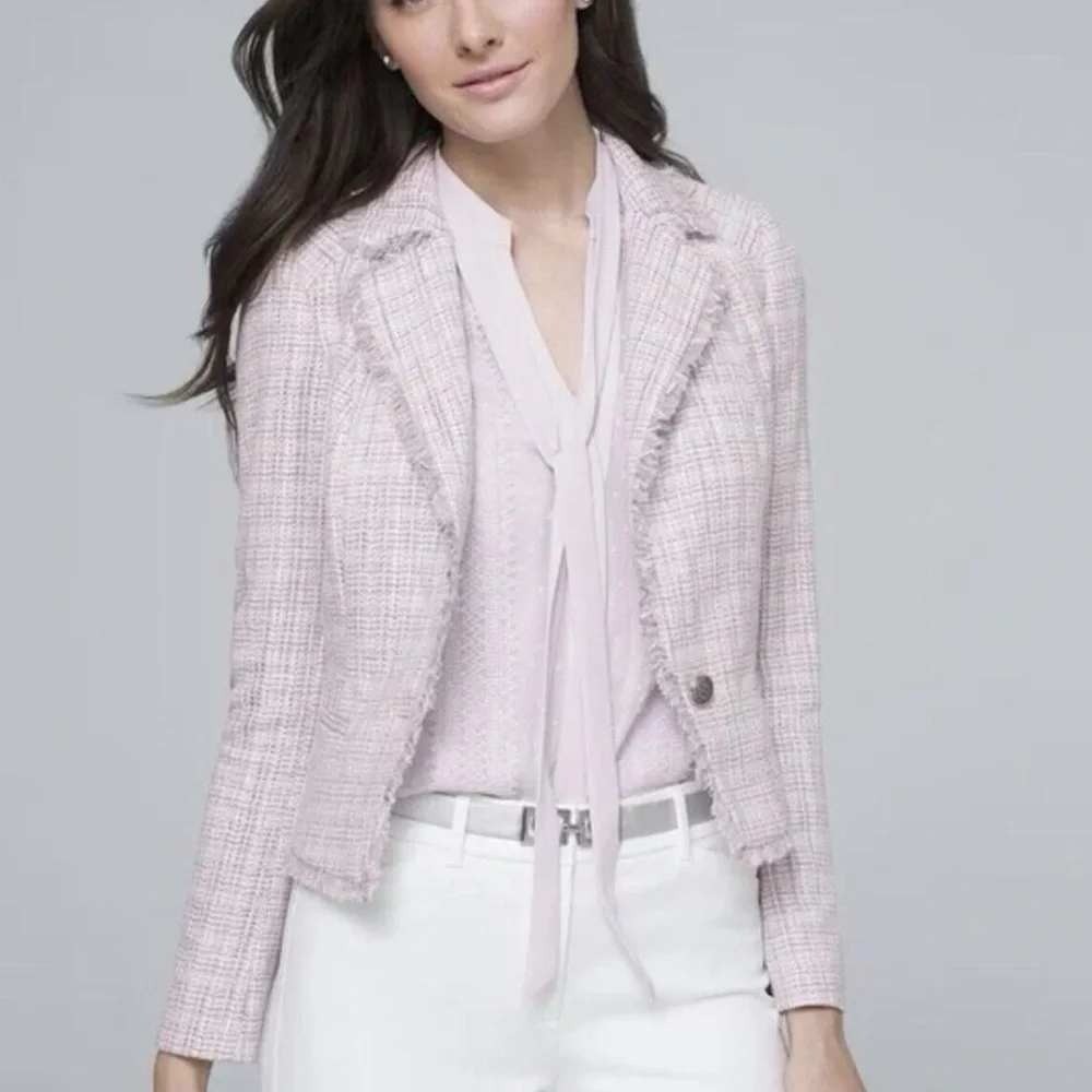 White House Black Market Old Money Lavander Parisian Chanel Style Tweed Jacket